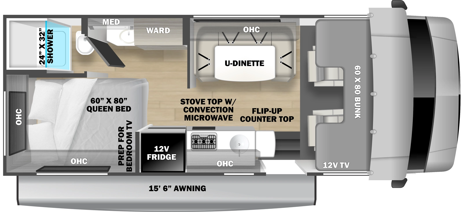 The Sunseeker 23504X4 floorplan has one entry and zero slide outs. Exterior features include: 15'6" awning. Interiors features include: rear bedroom, bunk over cab and u-dinette.